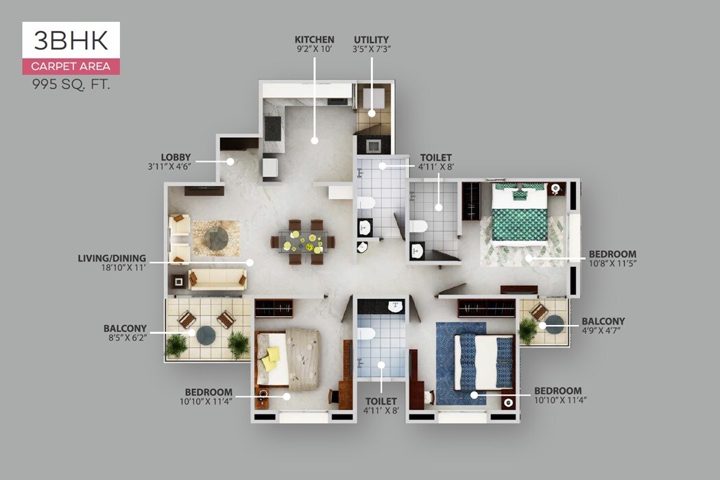 Floor plan of 3 BHK 995 Sq. Ft. Apartment in Surabhi City, Pune
