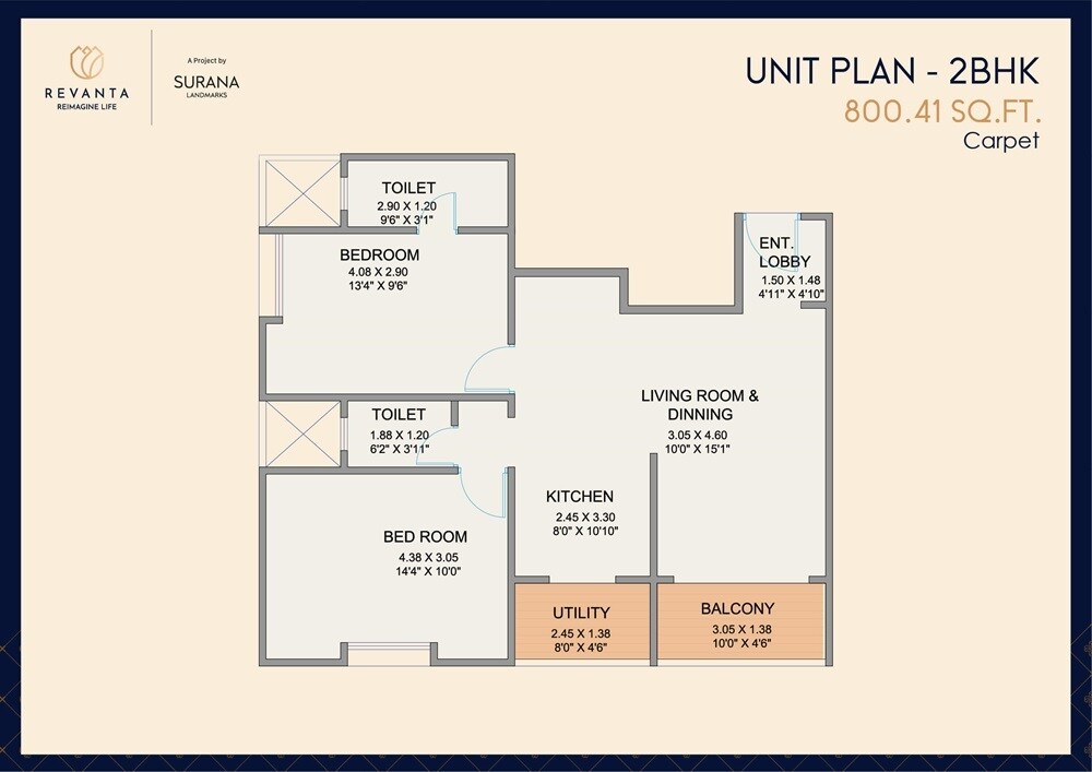 Floor plan of 2 BHK 800 Sq. Ft. Apartment in Surana Revanta, Pune