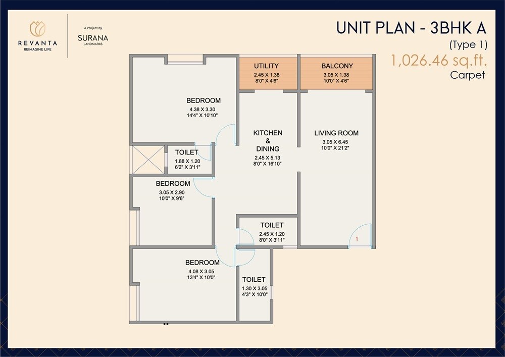 Floor plan of 3 BHK 1026 Sq. Ft. Apartment in Surana Revanta, Pune