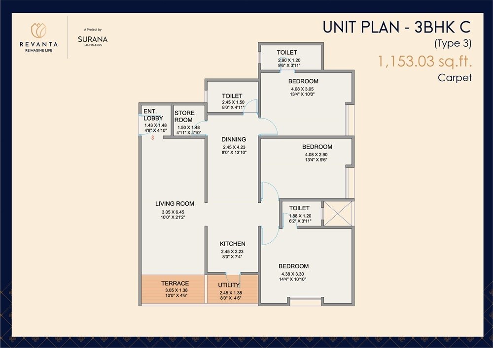 Floor plan of 3 BHK 1153 Sq. Ft. Apartment in Surana Revanta, Pune