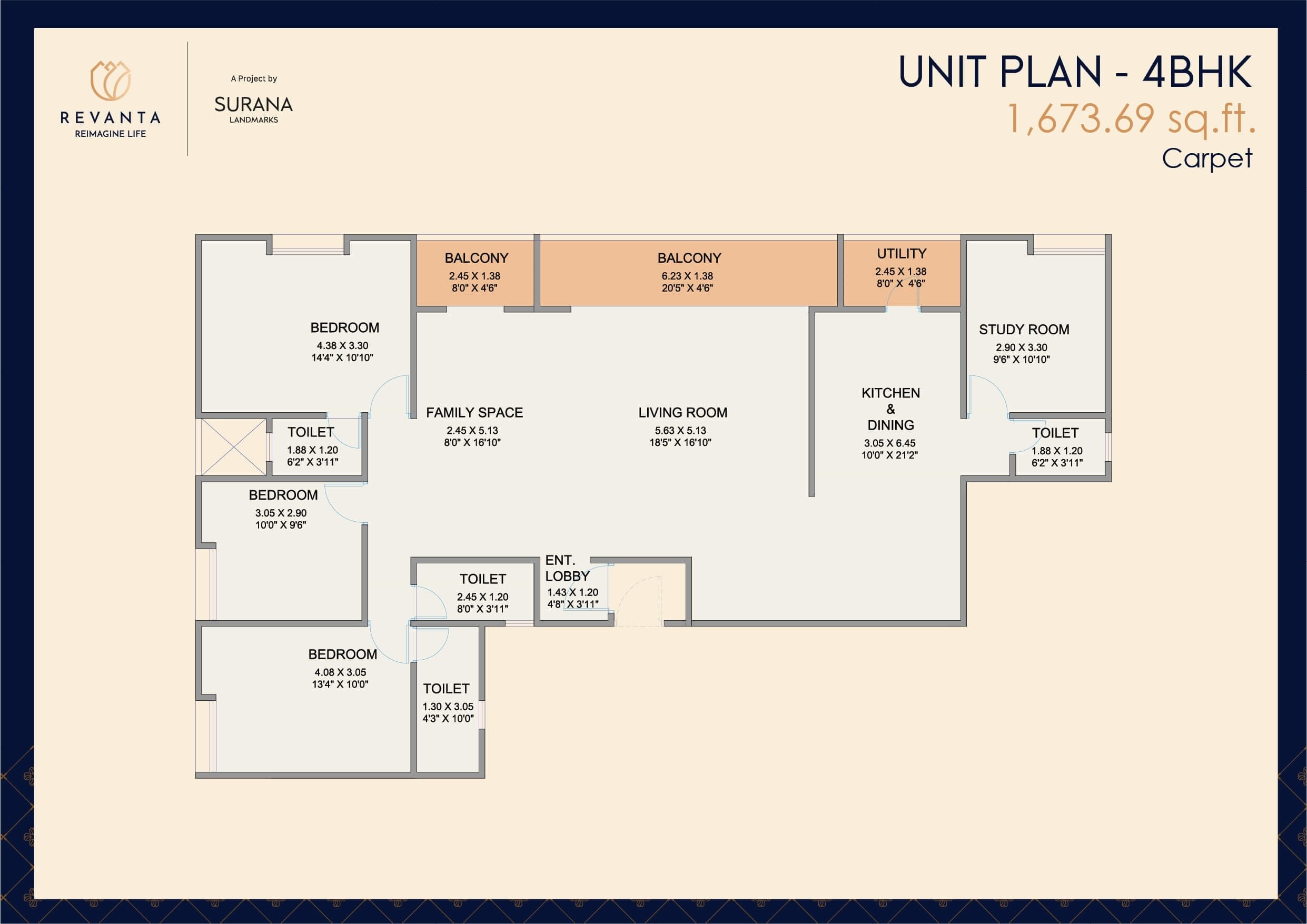 Floor plan of 4 BHK 1674 Sq. Ft. Apartment in Surana Revanta, Pune