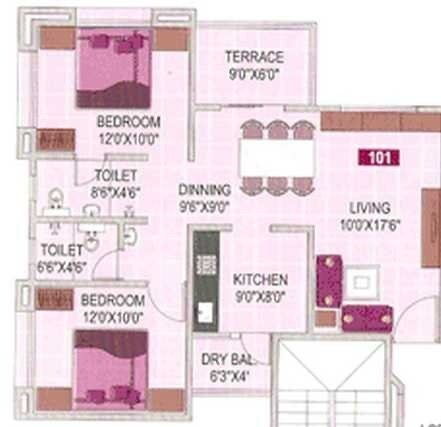 Floor plan of 2 BHK 1112 Sq. Ft. Apartment in Surana Saffron Avenue, Pune