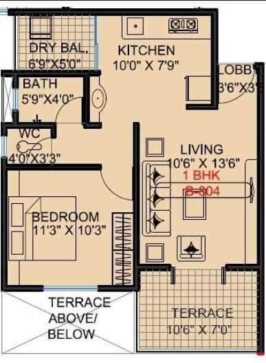 Floor plan of 1 BHK 360 Sq. Ft. Apartment in Surya Atlantis City, Pune