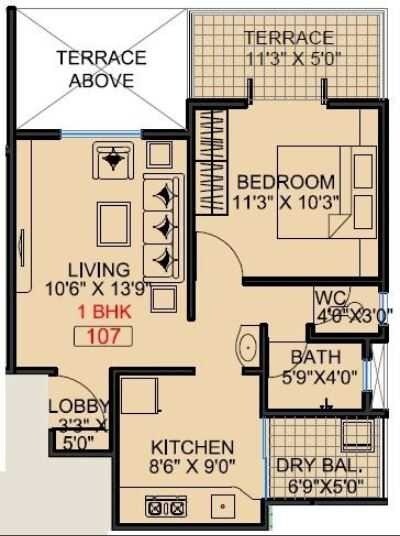 Floor plan of 1 BHK 459 Sq. Ft. Apartment in Surya Atlantis City, Pune