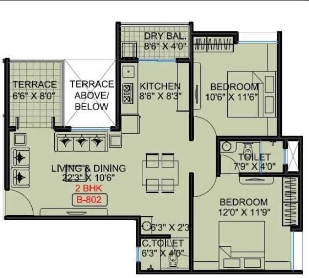 Floor plan of 2 BHK 649 Sq. Ft. Apartment in Surya Atlantis City, Pune