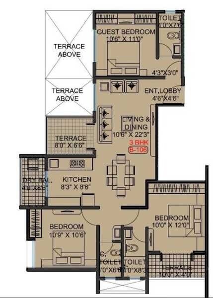Floor plan of 3 BHK 660 Sq. Ft. Apartment in Surya Atlantis City, Pune