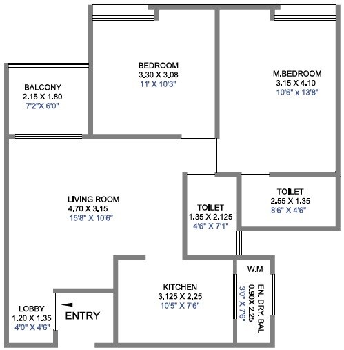 Floor plan of 2 BHK 715 Sq. Ft. Apartment in Surya Skies, Pune