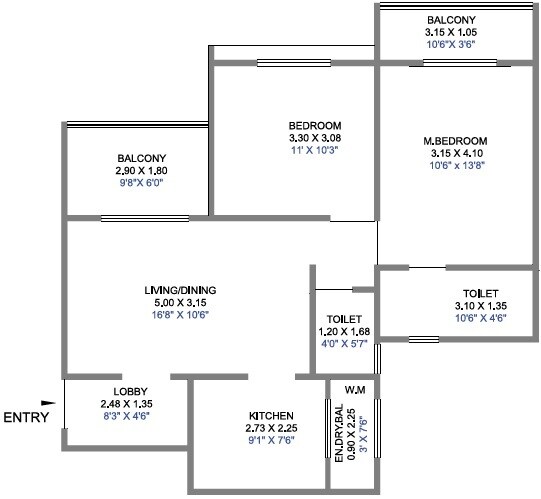 Floor plan of 2 BHK 765 Sq. Ft. Apartment in Surya Skies, Pune