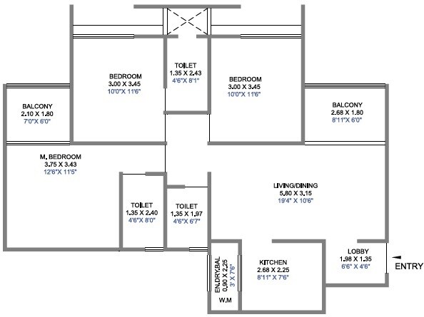 Floor plan of 3 BHK 974 Sq. Ft. Apartment in Surya Skies, Pune
