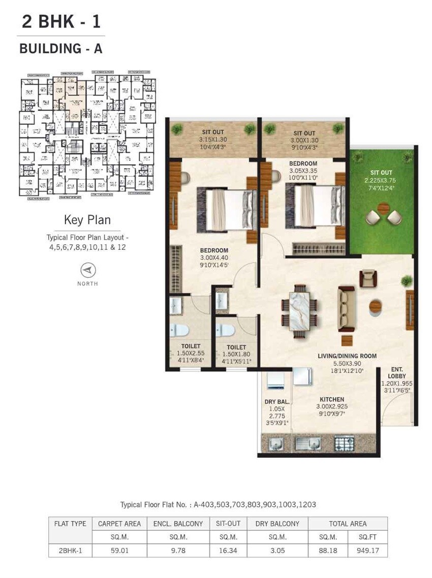 Floor plan of 2 BHK 949 Sq. Ft. Apartment in Suryakant Sarvatra CHS, Pune