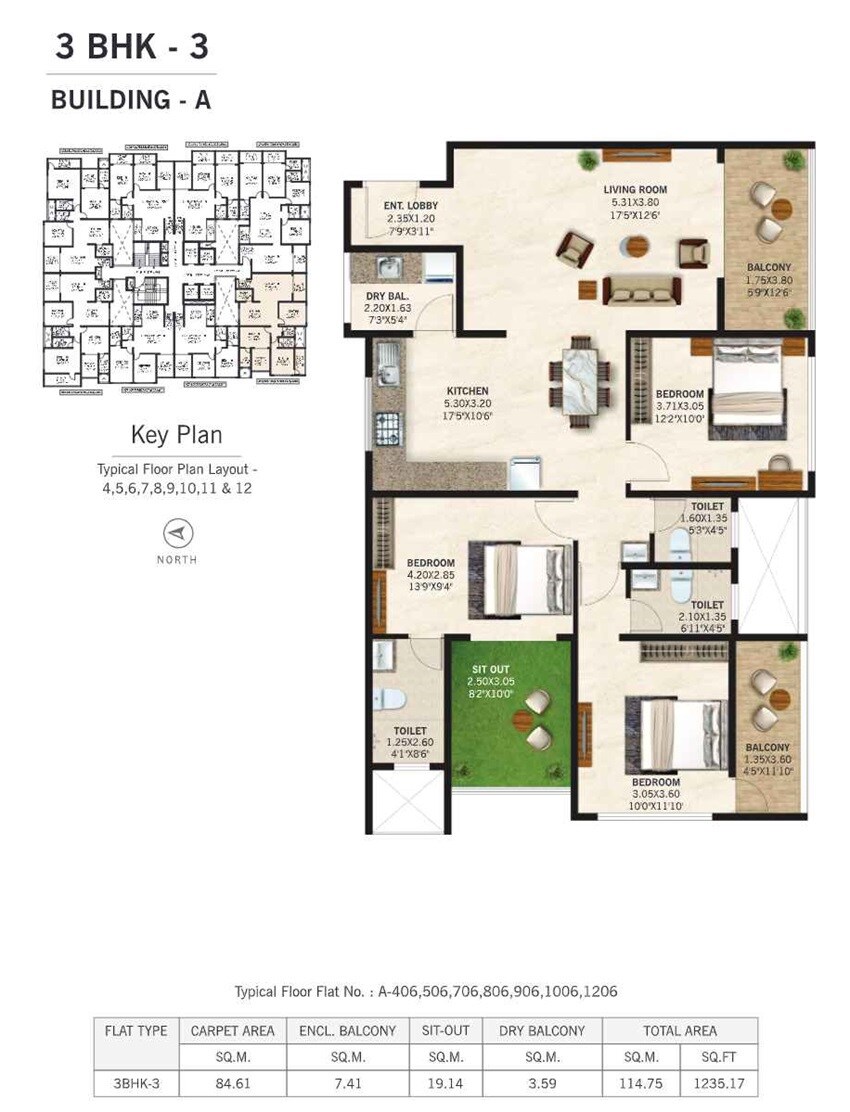 Floor plan of 3 BHK 1555 Sq. Ft. Apartment in Suryakant Sarvatra CHS, Pune