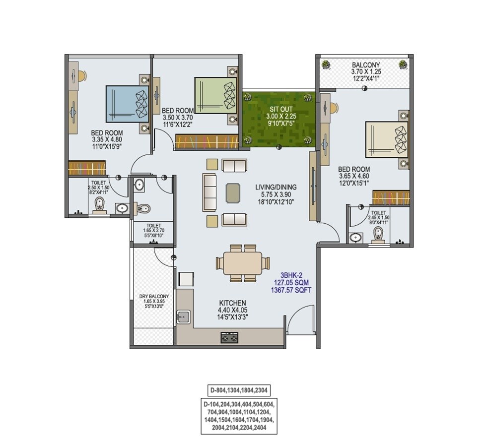 Floor plan of 3 BHK 1365 Sq. Ft. Apartment in Suryakant Sarvatra CHS, Pune