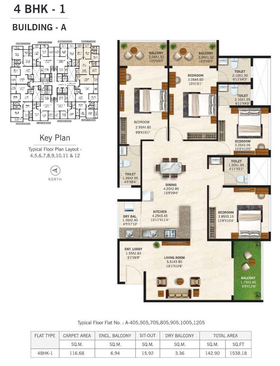 Floor plan of 4 BHK 1538 Sq. Ft. Apartment in Suryakant Sarvatra CHS, Pune