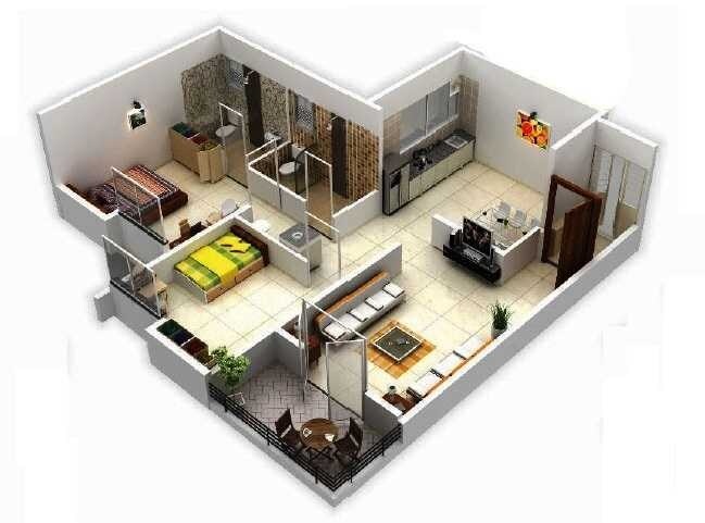 Floor plan of 2 BHK 906 Sq. Ft. Apartment in Suvidha Vrindavan, Pune