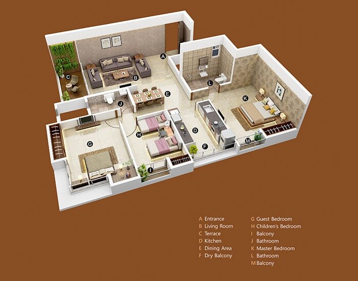 Floor plan of 3 BHK 857 Sq. Ft. Apartment in Suyog Abhijaat, Pune
