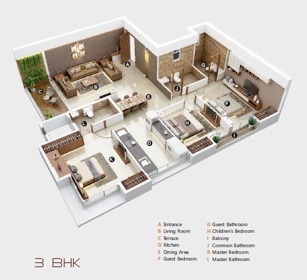 Floor plan of 3 BHK 911 Sq. Ft. Apartment in Suyog Abhijaat, Pune