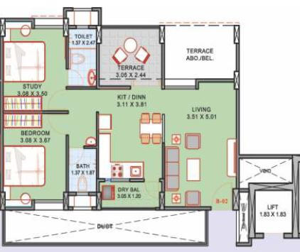Floor plan of 2 BHK 600 Sq. Ft. Apartment in Suyog Aura Phase 2, Pune