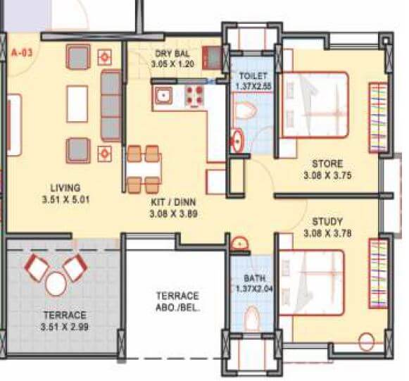 Floor plan of 2 BHK 679 Sq. Ft. Apartment in Suyog Aura Phase 2, Pune