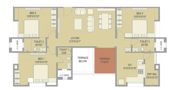 Floor plan of 3 BHK 1108 Sq. Ft. Apartment in Suyog Crystal, Pune