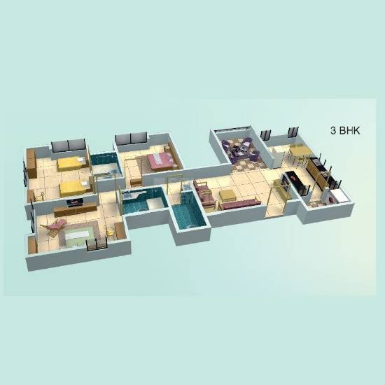 Floor plan of 3 BHK 1233 Sq. Ft. Apartment in Suyog Leher, Pune