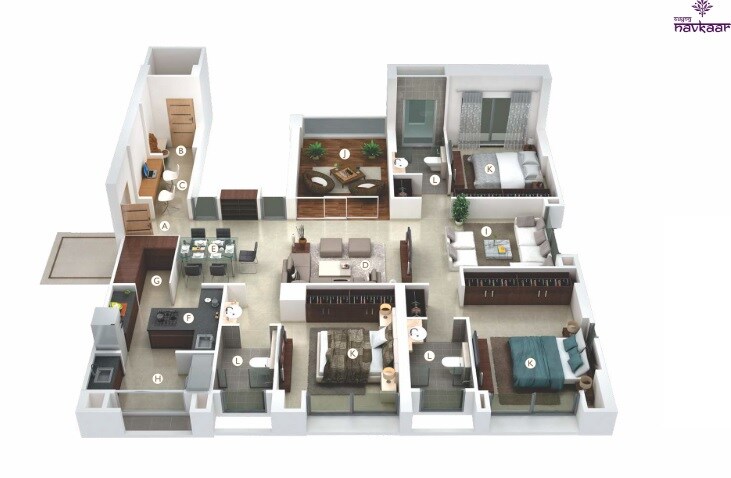 Floor plan of 3 BHK 1119 Sq. Ft. Apartment in Suyog Navkaar, Pune