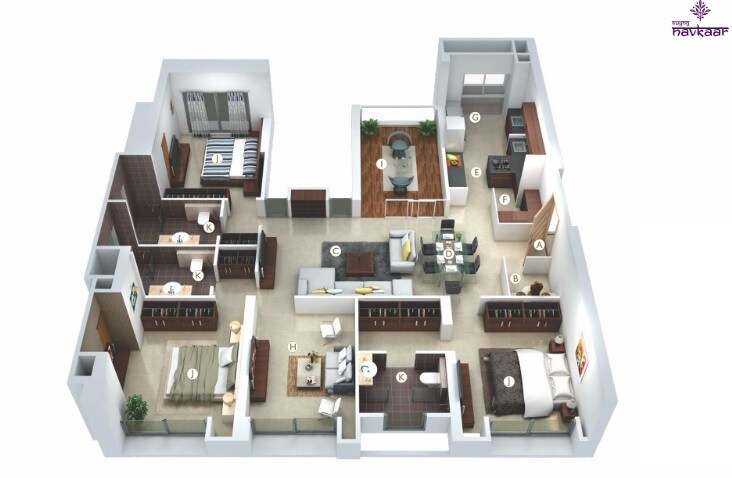 Floor plan of 3 BHK 1512 Sq. Ft. Apartment in Suyog Navkaar, Pune