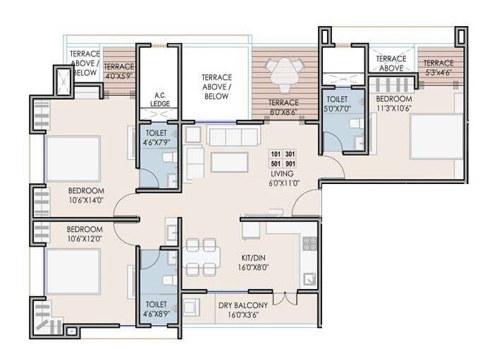 3 BHK 840 Sq. Ft. Apartment