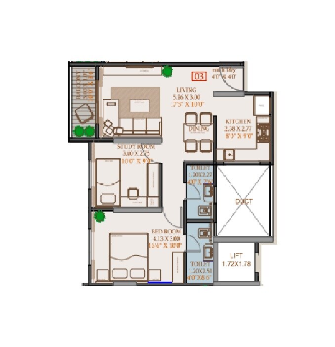 Floor plan of 2 BHK 646 Sq. Ft. Apartment in Suyog Rachana, Pune