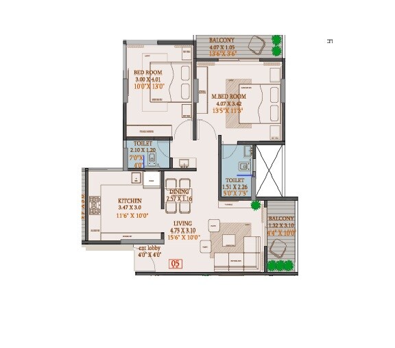 Floor plan of 2 BHK 826 Sq. Ft. Apartment in Suyog Rachana, Pune