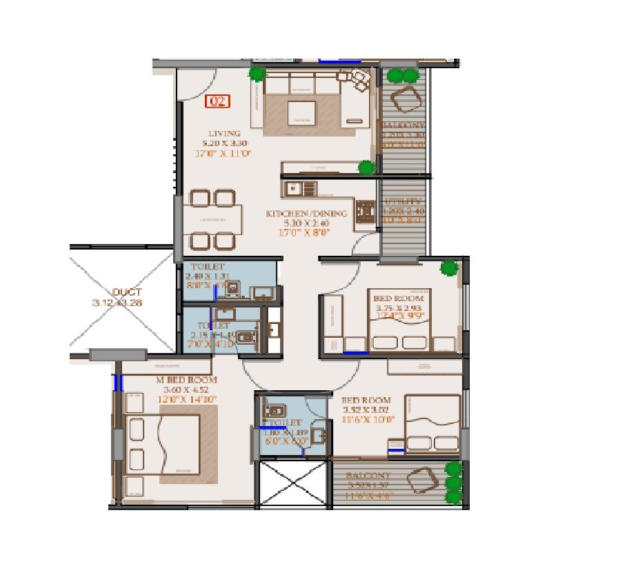3 BHK 1047 Sq. Ft. Apartment