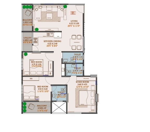 3 BHK 1136 Sq. Ft. Apartment