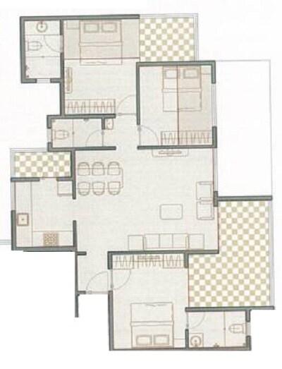 Floor plan of 3 BHK 1044 Sq. Ft. Apartment in Suyog Space, Pune