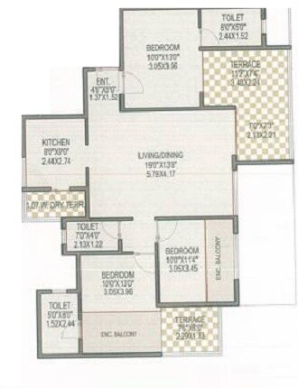 Floor plan of 3 BHK 1103 Sq. Ft. Apartment in Suyog Space, Pune