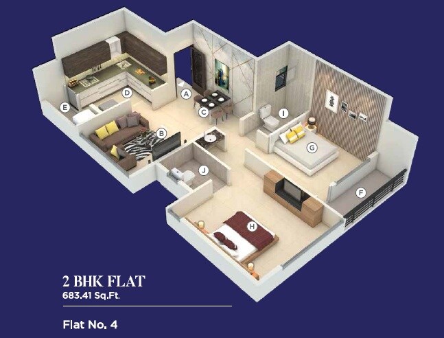 Floor plan of 2 BHK 683 Sq. Ft. Apartment in Suyog Sweet Home, Pune