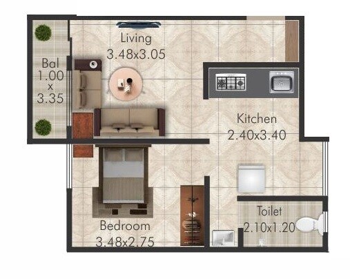 Floor plan of 1 BHK 361 Sq. Ft. Apartment in Svasti Chandrasuman, Pune