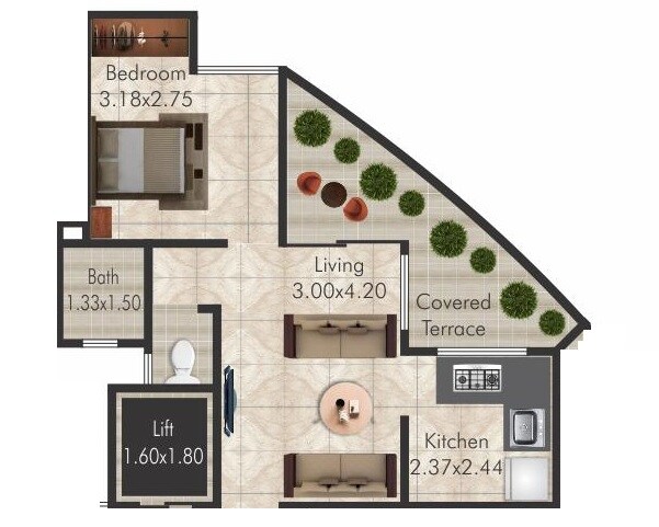 Floor plan of 1 BHK 410 Sq. Ft. Apartment in Svasti Chandrasuman, Pune