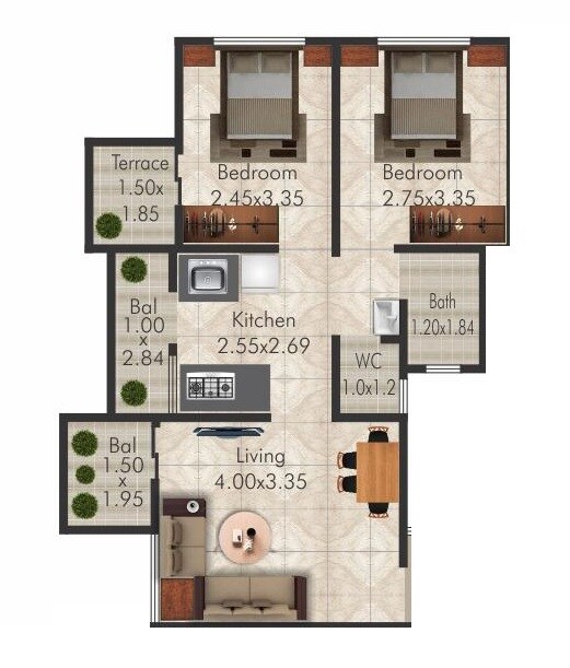 Floor plan of 2 BHK 416 Sq. Ft. Apartment in Svasti Chandrasuman, Pune