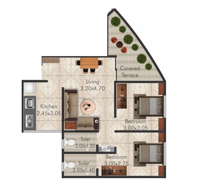 Floor plan of 2 BHK 513 Sq. Ft. Apartment in Svasti Chandrasuman, Pune