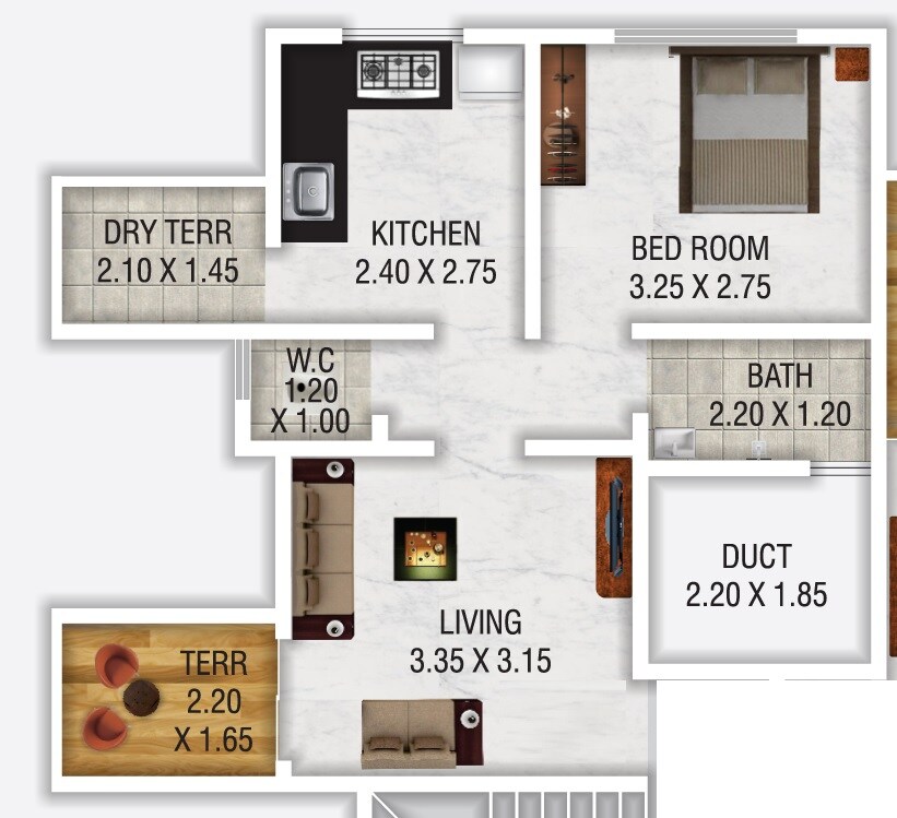 Floor plan of 1 BHK 323 Sq. Ft. Apartment in Svasti Indai, Pune