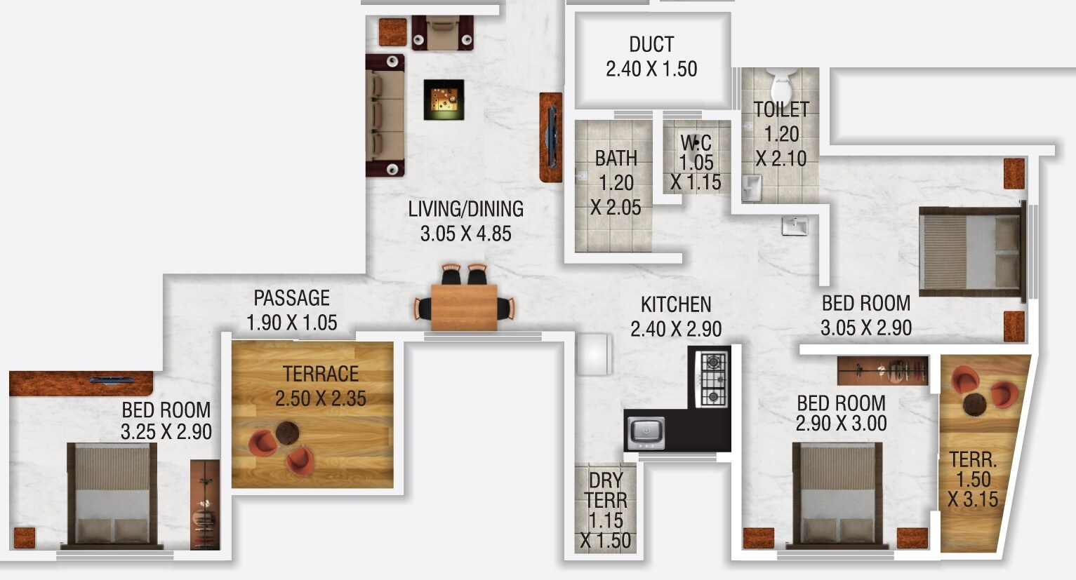 Floor plan of 3 BHK 547 Sq. Ft. Apartment in Svasti Indai, Pune