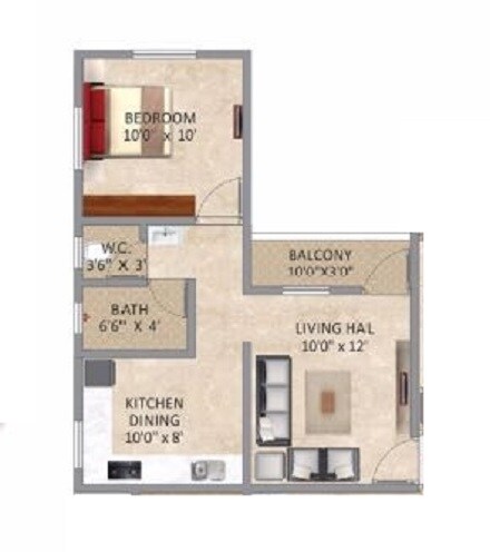 Floor plan of 1 BHK 485 Sq. Ft. Apartment in Swamee Five Star, Pune