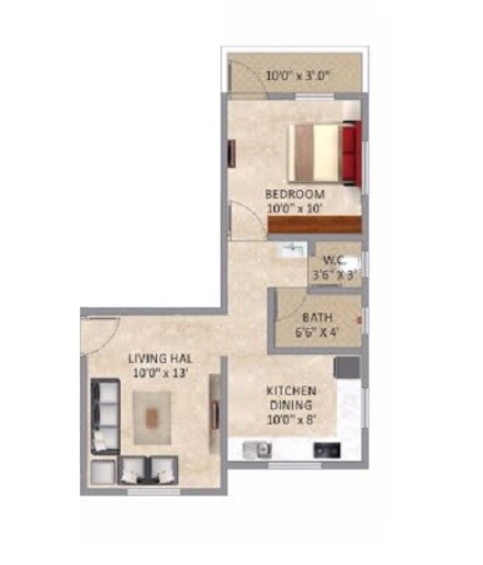 Floor plan of 1 BHK 505 Sq. Ft. Apartment in Swamee Five Star, Pune