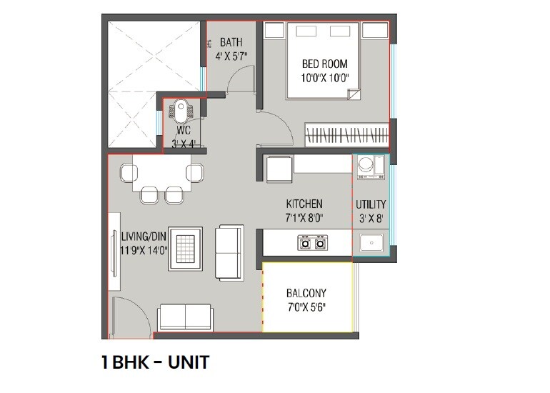 Floor plan of 1 BHK 463 Sq. Ft. Apartment in Swami Samarth 7 Skye, Pune