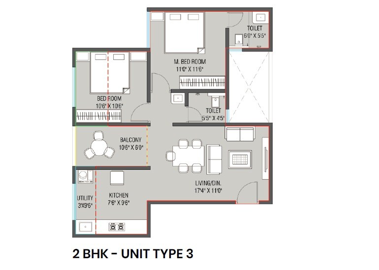 Floor plan of 2 BHK 706 Sq. Ft. Apartment in Swami Samarth 7 Skye, Pune
