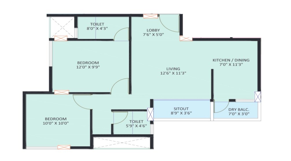 Floor plan of 2 BHK 564 Sq. Ft. Apartment in Swamiji Moonstone, Pune