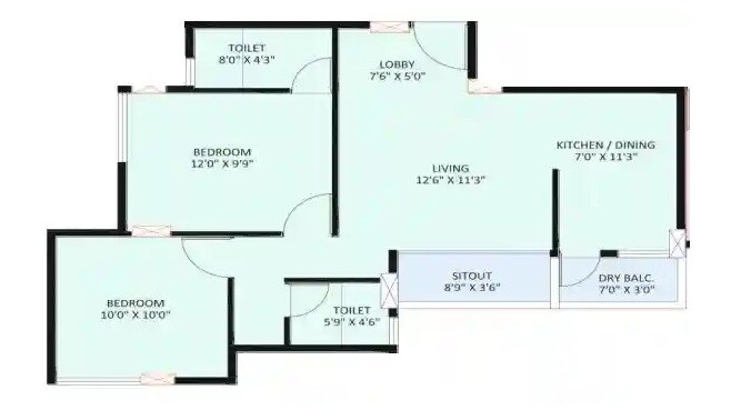 Floor plan of 2 BHK 600 Sq. Ft. Apartment in Swamiji Moonstone, Pune
