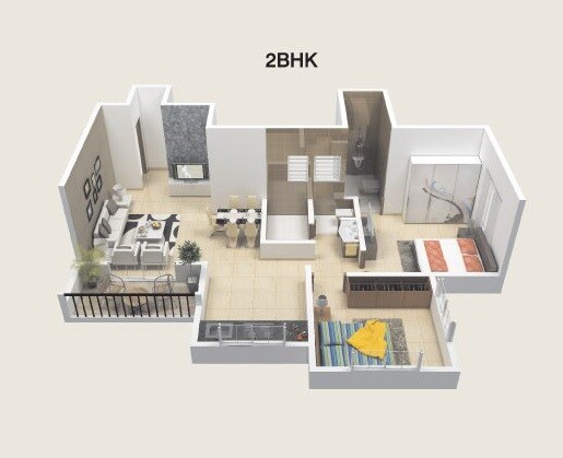Floor plan of 2 BHK 494 Sq. Ft. Apartment in Swapna Nagari, Pune