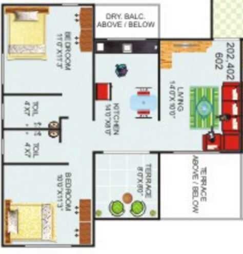 Floor plan of 2 BHK Apartment - 1164 sq. ft. in Swapna Sankul, Pune