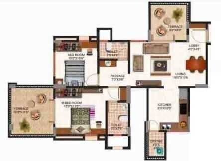 Floor plan of 2 BHK Apartment - 990 sq. ft. in Swapna Sankul, Pune