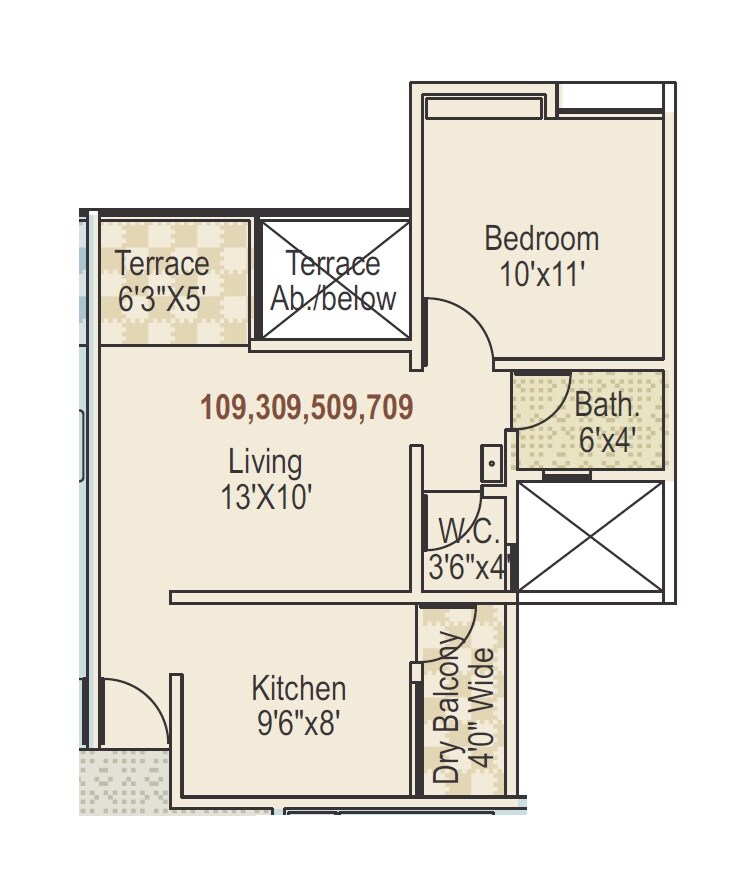 Floor plan of 1 BHK 443 Sq. Ft. Apartment in Swapnashilp Hillcrest, Pune
